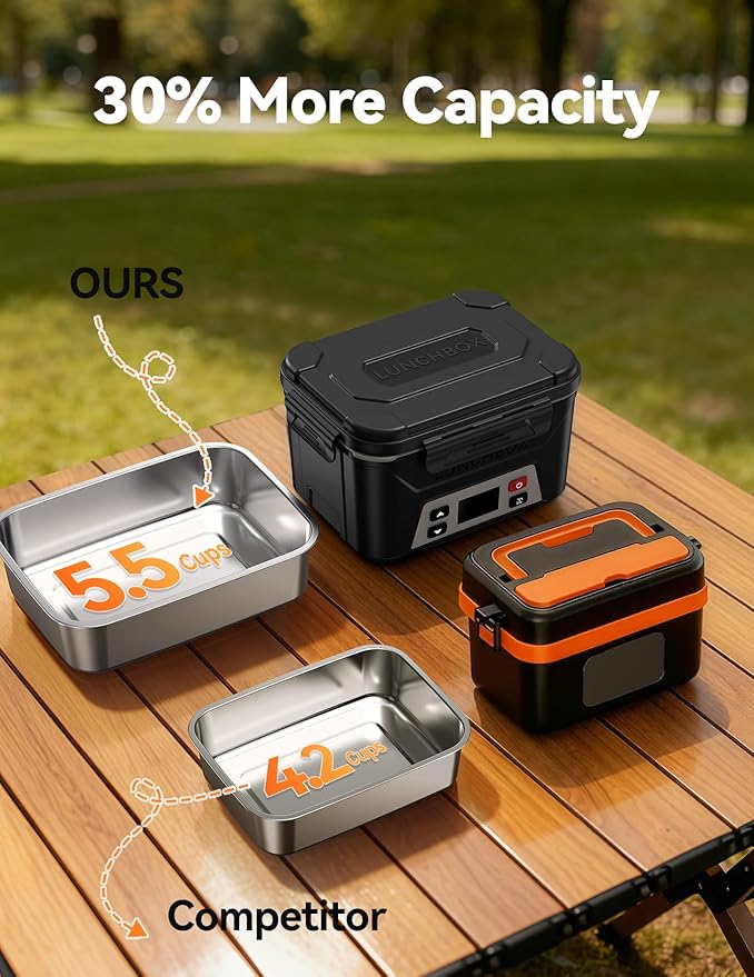 EAST OAK Heated Lunch Box for Men, Electric Lunch Box for Adults, 5.5 Cups Cordless Portable Food Warmer, Rechargeable Self Heating Food Heater with Memory Function, Automatic Keep Warm(Matte Black)