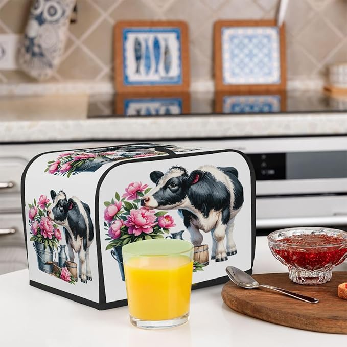 Animal Cow Pink Flower Toaster Cover 4 Slice Dust and Fingerprint Protection Toaster Bread Maker Covers Washable Kitchen Small Appliance Covers for Kitchen Accessories Decor Bakeware Women Gift