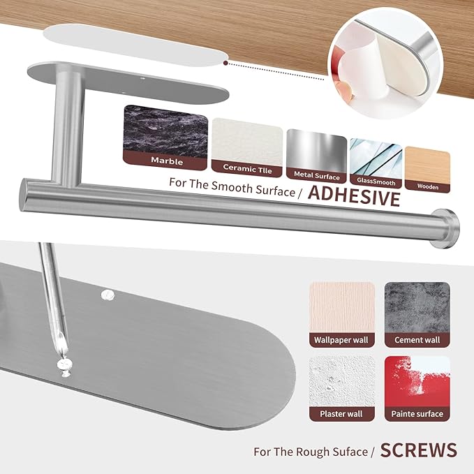 DEKAVA Paper Towel Holder Under Cabinet for Kitchen, Adhesive Paper Towel Holder Wall Mount, SUS304 Stainless Steel 13 inch(2,Silver