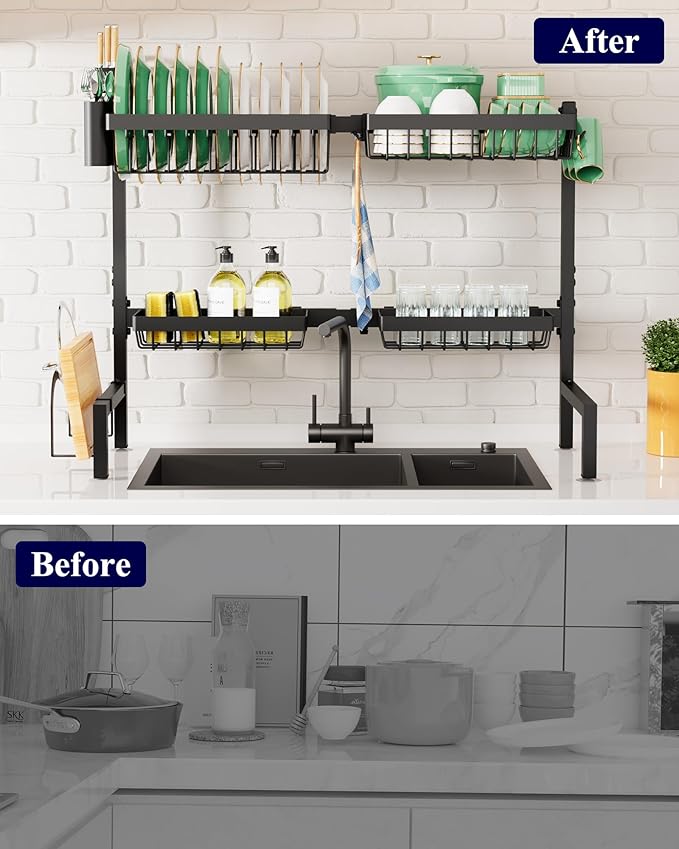 Kitsure Over The Sink Dish Drying Rack - 30.0" to 33.9" x 21.5", Adjustable Sink Drying Rack for Kitchen Sink with Multifunctional Baskets, Black