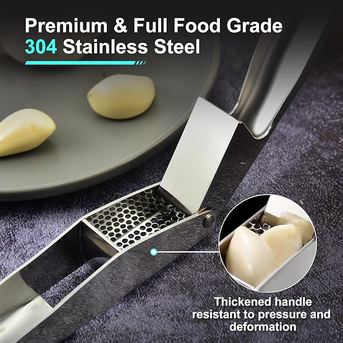 Garlic Press, Stainless Steel Garlic & Ginger Crusher, with Built-In Cleaner, Rust Resistant, No Peel, Large Capacity, Easy Clean，Dishwasher Safe，Silver