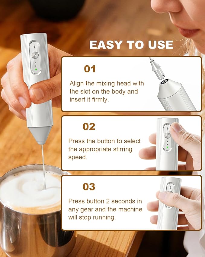 3-Speed Rechargeable Milk Frother with Cover, Dual Coil Whisk Coffee Frother Handheld - Portable Hand Frother Wand for Coffee Matcha Cappuccino & Hot Chocolate, Kitchen Gift, White