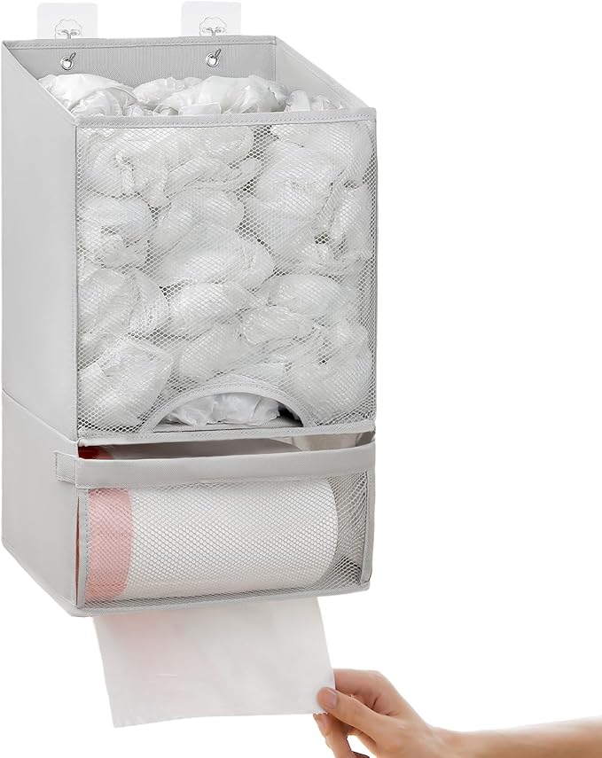 Bag Saver - Extra Large 2 in 1 Plastic Bag Holder Storage, Durable Mesh Grocery Hanging Trash Dispenser Roll Organizer for Home Kitchen/Bathroom/Laundry, Multi-purpose for Daily (Light Grey)
