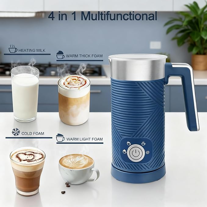 Electric Milk Frother and Steamer, 4-in-1 Milk Steamer with Wood Elements Design, Automatic Hot & Cold Foam Maker for Latte, Cappuccinos, Macchiato, Milk Warmer (blue)