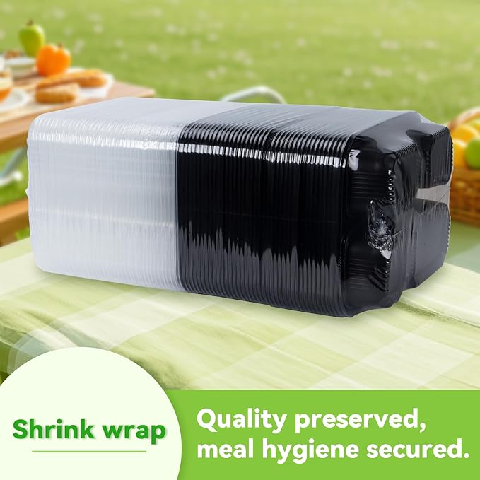 Meal Prep Container Reusable 40 Pack 34oz - Shrink Wrap Leakproof | Portion Control Leftover Plastic Food Containers with Lid | BPA Free Freezer & Microwave Safe | 4 Compartment Takeout Boxes