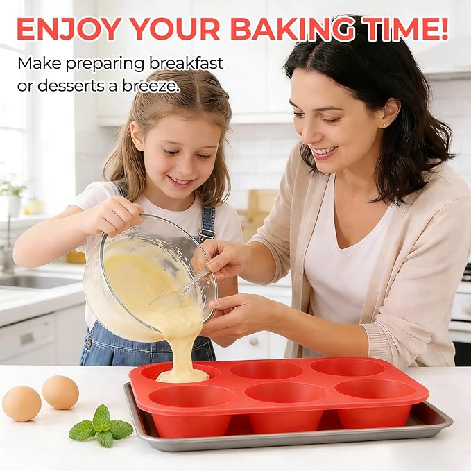 CAKETIME Silicone Jumbo Muffin Pan, 3.5 Inch Silicone Texas Muffin Pan 6 Cup Large Cupcake Pan Nonstick BPA Free Silicone Molds 2 Pack Red
