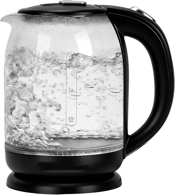 Household Electric Kettle, All 304 Stainless steel and No Plastic Contact, Automatic Shut-off,Borosilicate glass Visual Boiling, 2.0L Water Boiler & Tea Kettle Perfect For Tea & Coffee (Black)