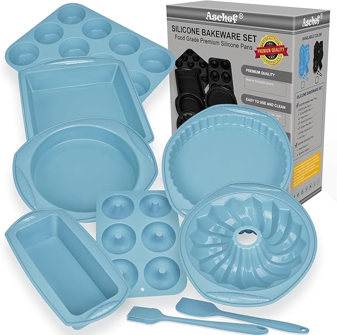 Nonstick Silicone Baking Mat Set, 9-in-1 Heat Resistant Cookie Sheet & Cake Pan Molds for Muffin, Loaf, Pizza, Cheesecake, Cupcake, Pie - Oven Bakeware Tools Kit