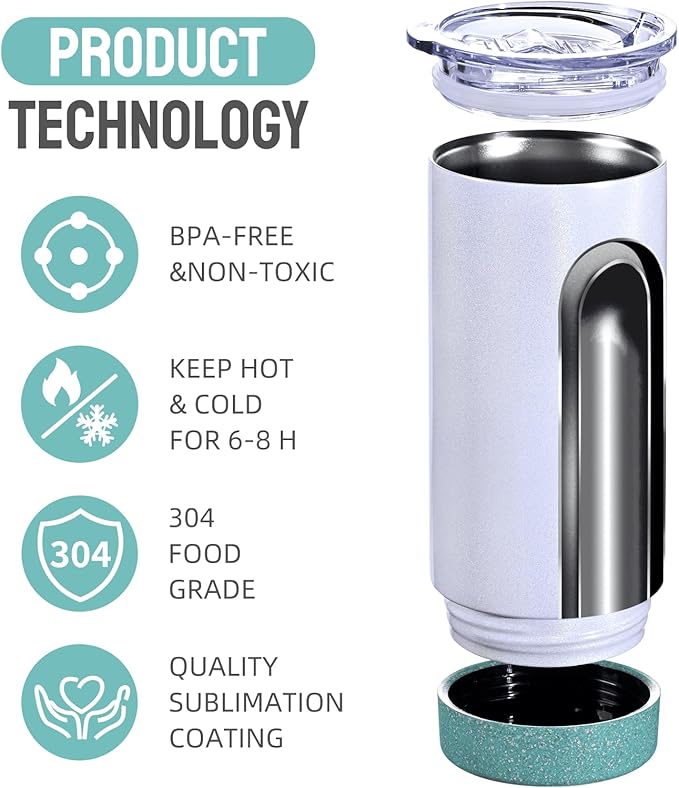 6 Pack 17 oz Insulated Sublimation Tumbler Bulk, Stainless Steel Double Wall Cups with Cork Silicone Base & Lid & Metal Straw, Glitter White