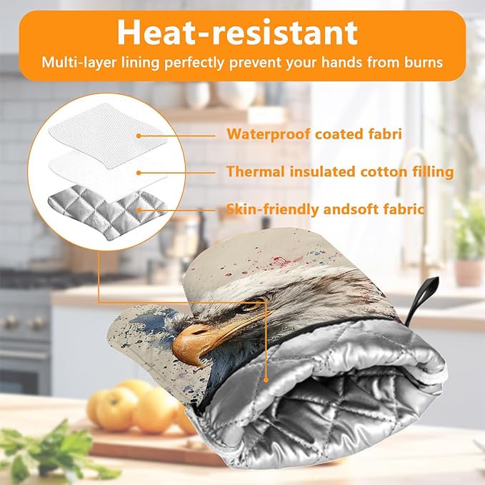 American Flag Eagle Oven Mitts and Pot Holders Sets 4Pcs Silicone Non-Slip Mitts Heat Resistant Gloves Hot Pads for Kitchen Cooking Baking Grilling BBQ