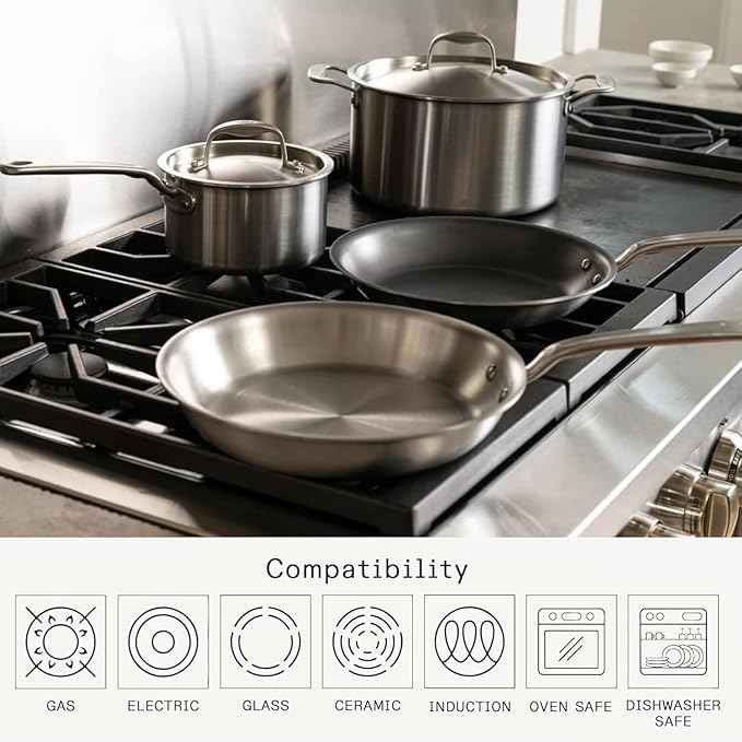 Made In Cookware | 6 Pc Stainless Steel Cookware Set | 5 ply Clad - Includes Frying Pans, Saucepan, and Stock Pot | Professional Grade | Crafted in Italy | Induction Compatible