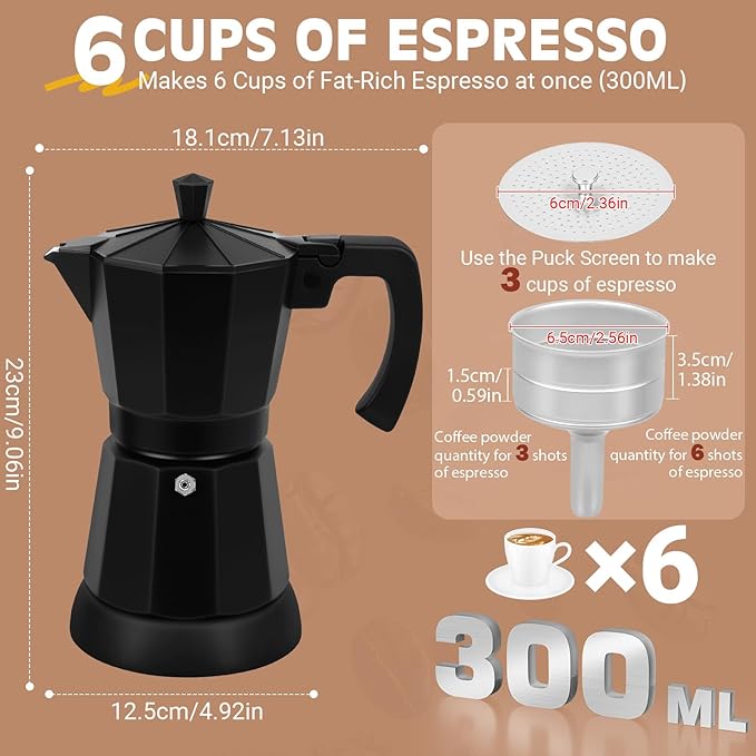 Black Aluminum Electric Moka Pot, 3 or 6 Cups Espresso Maker with Dose Reduction Plate