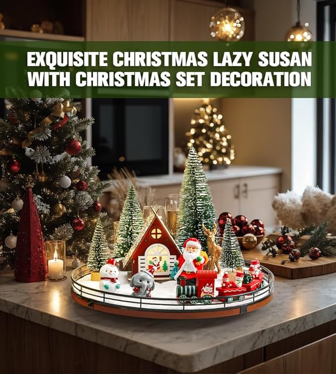 AMH 12 PCS Christmas Table Decorations Set with Oak Rotating Base – Xmas Town Village Centerpiece with Santa, Train, House, Trees & Figurines, Tabletop Decorations for Holiday Dining & Coffee Tables