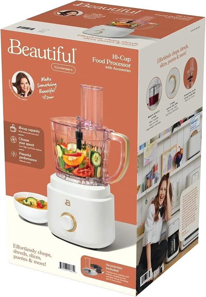 Beautiful by Drew Barrymore 10-Cup Food Processor, 500-Watts, Variable Speed, Pulse, 3" Wide Feed Tube, Stainless Steel Blades, Dishwasher Safe, Large Bowl, Accessories Included (White Icing)