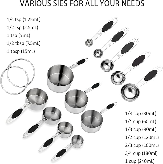 Magnetic Measuring Cups and Spoons Set, 12 Piece Stainless Steel Measuring Cups and Spoons Set, Nesting Kitchen Gadgets with Removable Clasp for Cooking & Baking (Black)