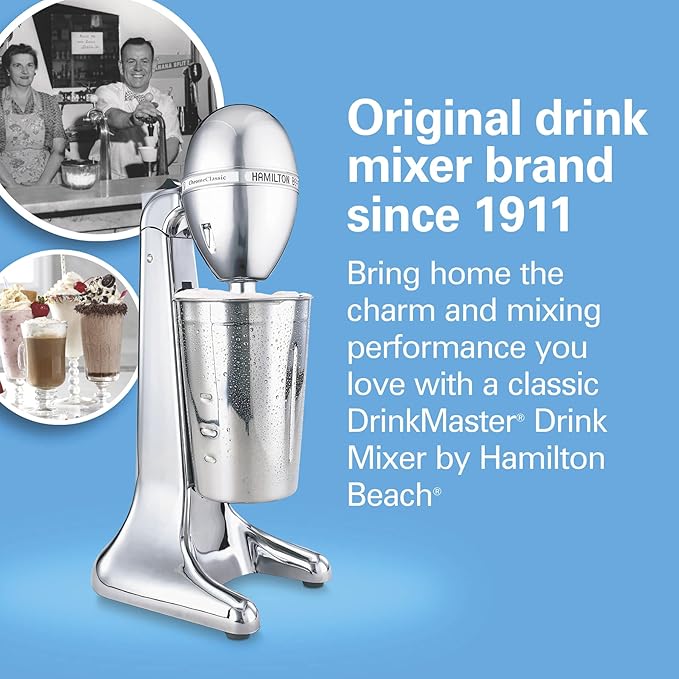 Hamilton Beach DrinkMaster Electric Drink Mixer, Retro Milkshake Maker & Milk Frother, 2 Speeds, Extra-Large 28 oz. Stainless Steel Cup, Classic Chrome