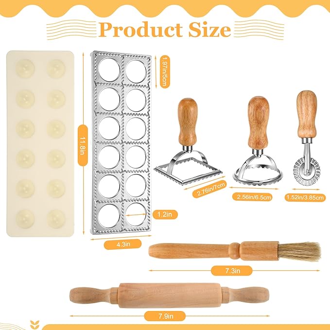Hushee 8 Pcs Pasta Maker Machine Set Including Stainless Steel Noodle Maker Machine Wood Pasta Drying Rack Ravioli Stamp Maker Cutter with Pasta Cutter Wheel Mini Rolling Pin Cleaning Brush