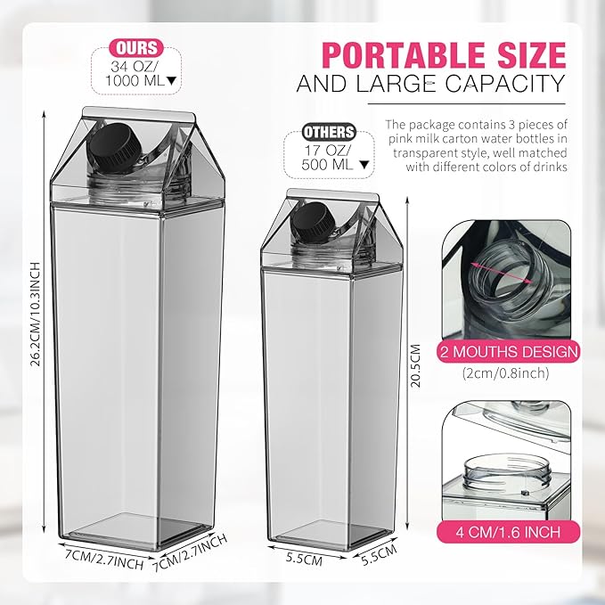 Remerry 3 Pcs Milk Carton Water Bottle Square Plastic Coffee Portable Reusable Milk Carton Cup Leakproof Juice Bottle