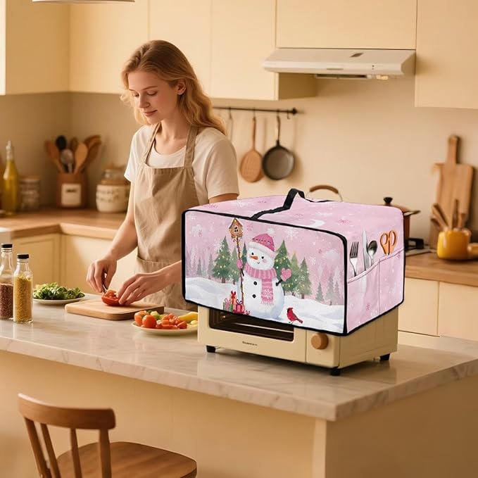 Air Fryer Toaster Oven Dust Cover Washable Convection Oven Cover Stylish Kitchen Appliance Protector Decorations Countertop Accessories, M, Snowman Northern Cardinal Pink