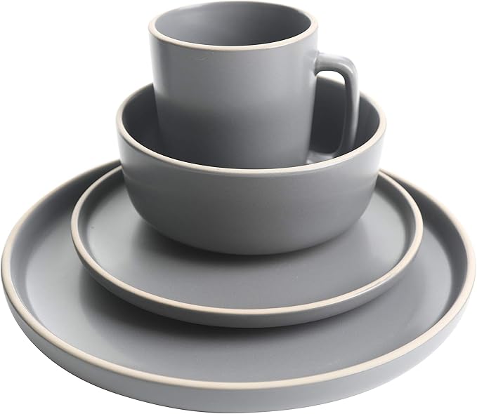 Gibson Home Zuma 16 Piece Round Kitchen Dinnerware Set, Dishes, Plates, Bowls, Mugs, Service for 4, Matte Stoneware, Grey, Gray