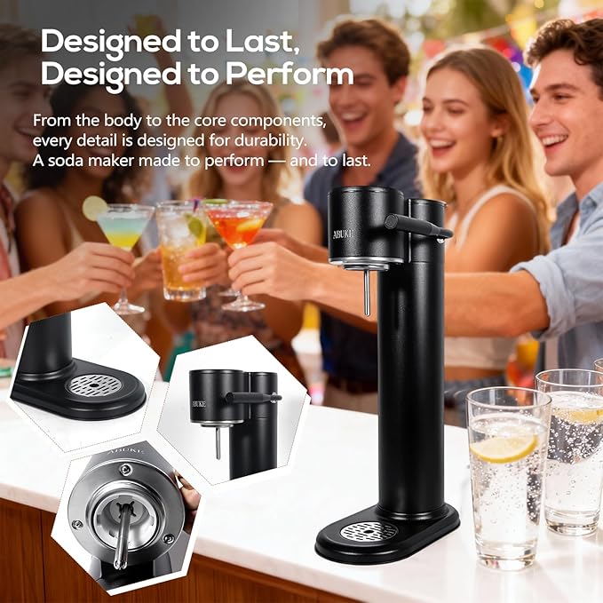 Aluminum Sparkling Water Maker with Lever Handle, Metal Body & Nozzle, Compatible with Threaded CO2 Cylinders, Automatic Pressure Release, BPA-Free PET Bottle, 2-Year Warranty