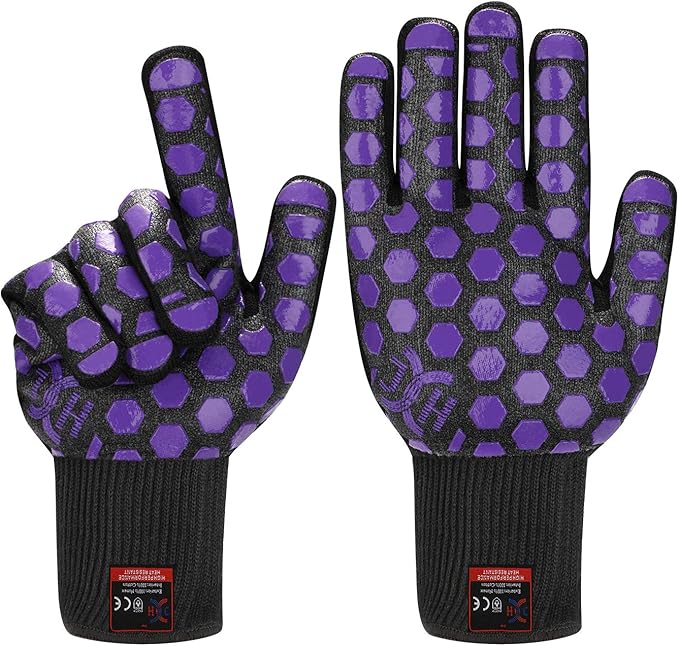 J H Heat Resistant Oven Glove:EN407 Certified 932 °F, 2 Layers Silicone Coating, Oven Mitts for Cooking, Kitchen, Fireplace,Camping, Grilling (Black/Purple, Regular Cuff)