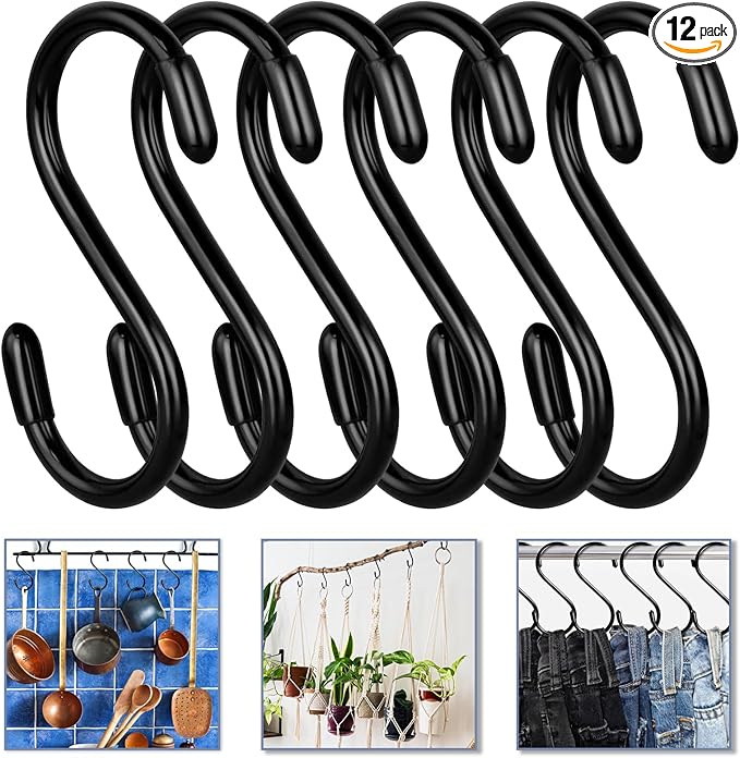 Vinyl Coated S Hook, Hanging Plants,Non Slip,Small Rubber Coated Steel Metal Black Closet S Hook for Hanging Jeans Plants Jewelry Pot Pan Cups Towels (6, 3 Inch+Black + Vinyl Coating)