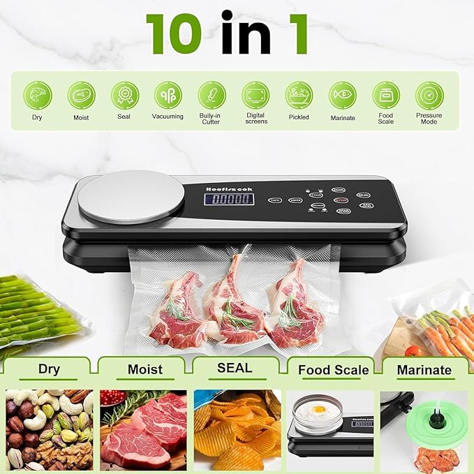 Vacuum Sealer Machine for Food,85kpa Automatic 10-in-1 Food Sealer Vacuum Sealing for Dry&Moist Saver, Food Storage Vacuum Machine with Scale,Cutter,Air Suction Hose,Pulse Function,10 Vacuum Bags