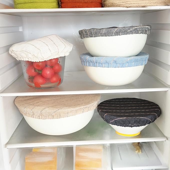 100% Pure Linen Bowl Covers For Bread Proofing, 4 Pcs Elastic Reusable Bowl Covers Large Ticking Striped Cloth Fabric Stretch Sourdough Lids, 6 * 8 * 10 * 12 Inches- Linen