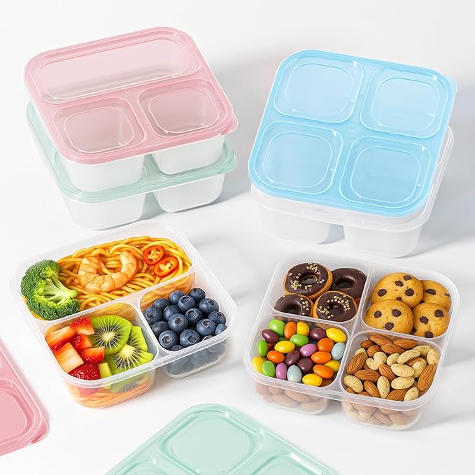 6 Pcs Snack Box Container Set, Reusable 3&4 Compartment Meal Prep Snack Containers for Adults Kids Toddler, BPA-Free Divided Lunchable Container for School, Work and Travel (All Transparent)