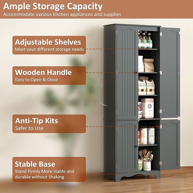 Yusong 72'' Tall Kitchen Pantry Cabinet, Freestanding Storage Cabinet with Doors and Shelves, Wooden Food Pantry Farmhouse Cupboard Buffet for Kitchen Dining Living Room, Gray