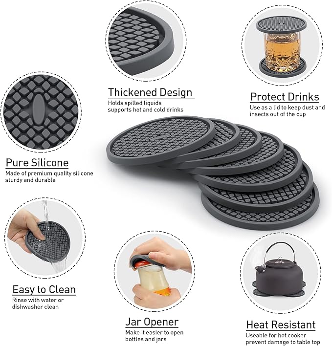 3 Pack Silicone Coasters for Drinks, Thickened Coaster with Deep Tray Grooved Design Cup Mat, Washable Heat Resistant Durable Non-Slip Coasters for Coffee Table Wooden Desk Kitchen Bar (Dark Grey)