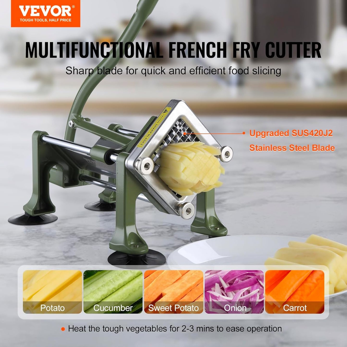 VEVOR French Fry Cutter, Potato Slicer with 3/8-Inch Stainless Steel Blade, Manual Potato Cutter Chopper with Suction Cups, Great for Potato, French Fries, Cucumber, Vegetables, Carrot
