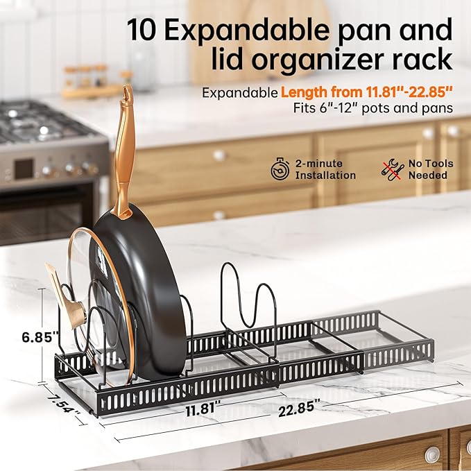MUDEELA 2 Pack Pots and Pans Organizer Rack for under Cabinet, Expandable Pot Lid Kitchen Cabinet Organizer Holder with 10 Adjustable Compartment Cutting Board Organizer for Pan Lid, Bakeware Sheet