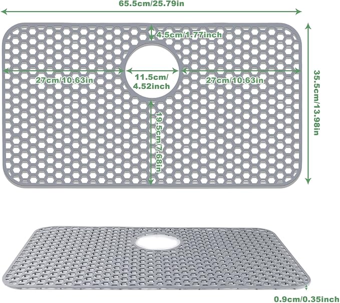 Sink Protectors for Kitchen Sink - 26"x 14" with Rear Drain Hole Heat Resistant Easy Clean Non-slip Silicone Kitchens Sinks Mat for Bottom of Kitchen Sinks Stainless Steel(Grey)-66x35CM