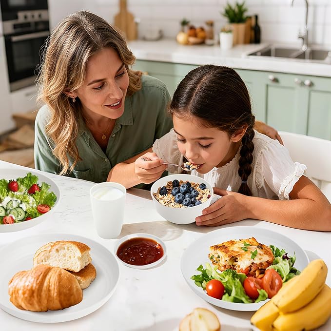 Wheat Straw Plates and Bowls Sets of 16，Unbreakable Dinnerware Sets for 4, Microwave & Dishwasher Safe Kids Dish Set for Kitchen, Outdoor, Camping, Party, RV- White