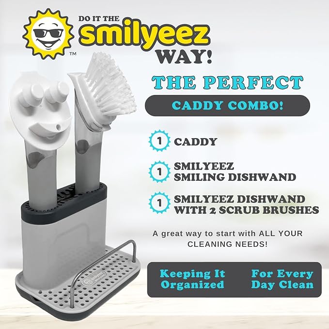The Original Smiling Handle with Soap Dispensing for Scrub Daddy (Reg. TM) Sponge and Scrub Moji Sponge, Smile Caddy, and 2 Scrub Mojis (White/Grey Wands)
