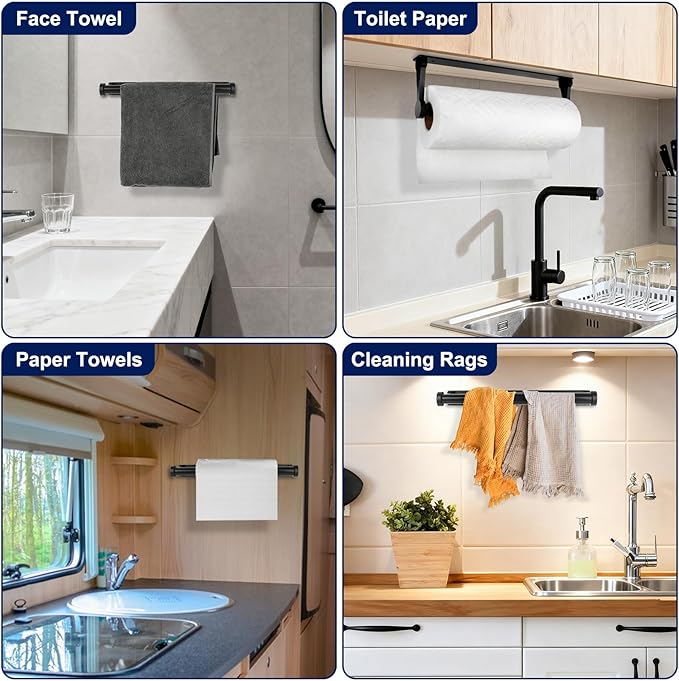 Black Paper Towel Holder Under Cabinet, Adhesive Paper Towel Holder Wall Mount Toilet Roll Holders Rack for Kitchen Bathroom Garage Counter, Anti-Drop Upgraded Telescopic Rod Design Roll