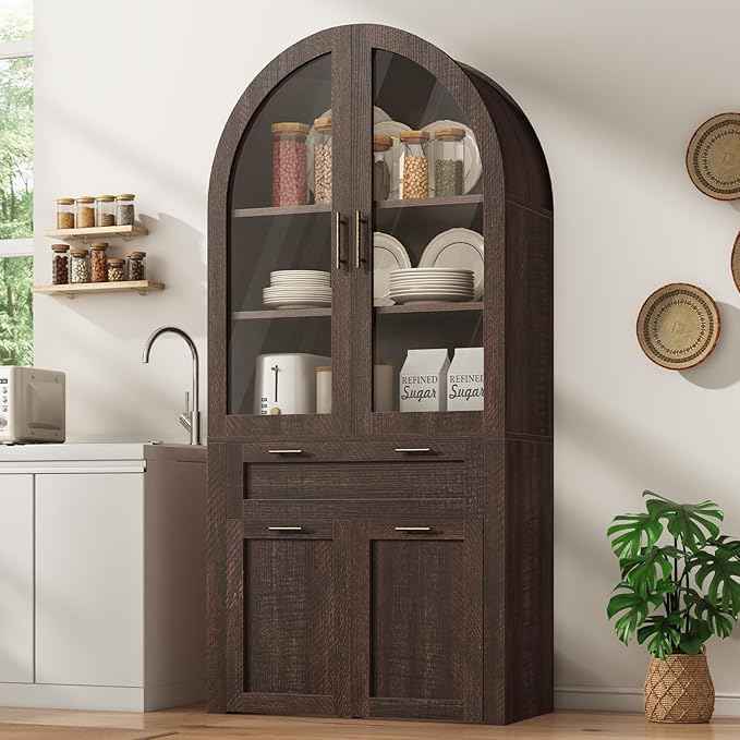 Itaar 71" Arched Kitchen Pantry Cabinet, Kitchen Storage Cabinets with 1 Large Drawer & Storage Cart 2 Tier & Door Shelves for Living Room, Dining Room, Brown