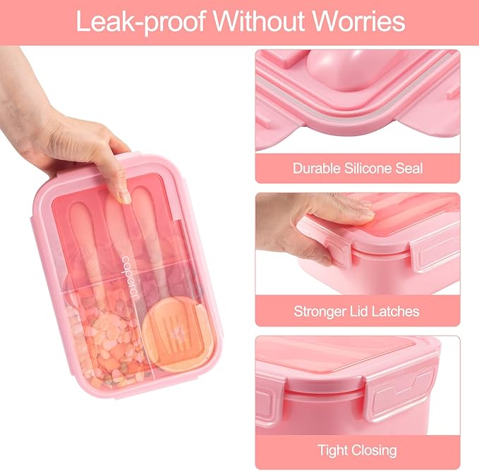 Caperci Classic Bento Box Adult Lunch Box for Older Kids - Leakpoof 47 oz 3-Compartment Lunch Containers for Adults and Teens, Built-in Utensil Set, Ideal for On-the-Go Balanced Eating, Pink