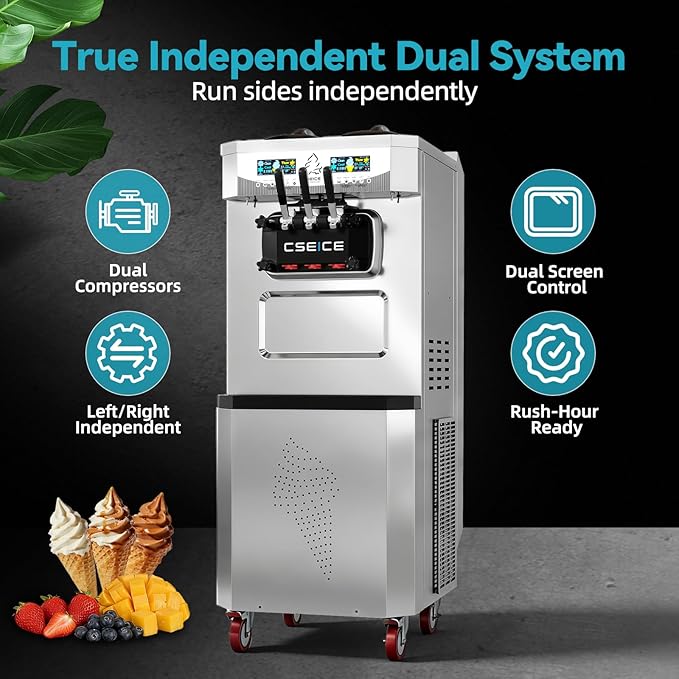 Commercial Soft Serve Ice Cream Machine, 115V Floor Standing, 32-42L/H Output, 2 x 6L Hoppers, True Independent Left/Right System, 2 Compressors, Smart Displays