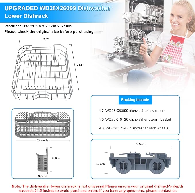 UPGRADED WD28X34744 WD28X26099 WD28X28918 WD28X22659 GDF510PSM0SS Dishwasher Lower Rack Compatible with GE Dishwasher Rack Parts WD28X34744 GDF510PSD1SS GE Dishwasher Rack Replacement Part with Wheel