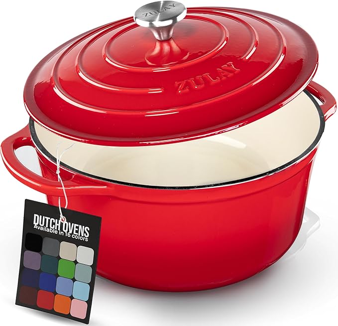 Zulay Kitchen 5 Quart Enameled Cast Iron Dutch Oven Pot with Lid – Premium Durability & Oven Safe up to 500°F – Heavy Duty Cookware Perfect for Bread Baking, Stews, Braising & Roasting – Ablaze Red
