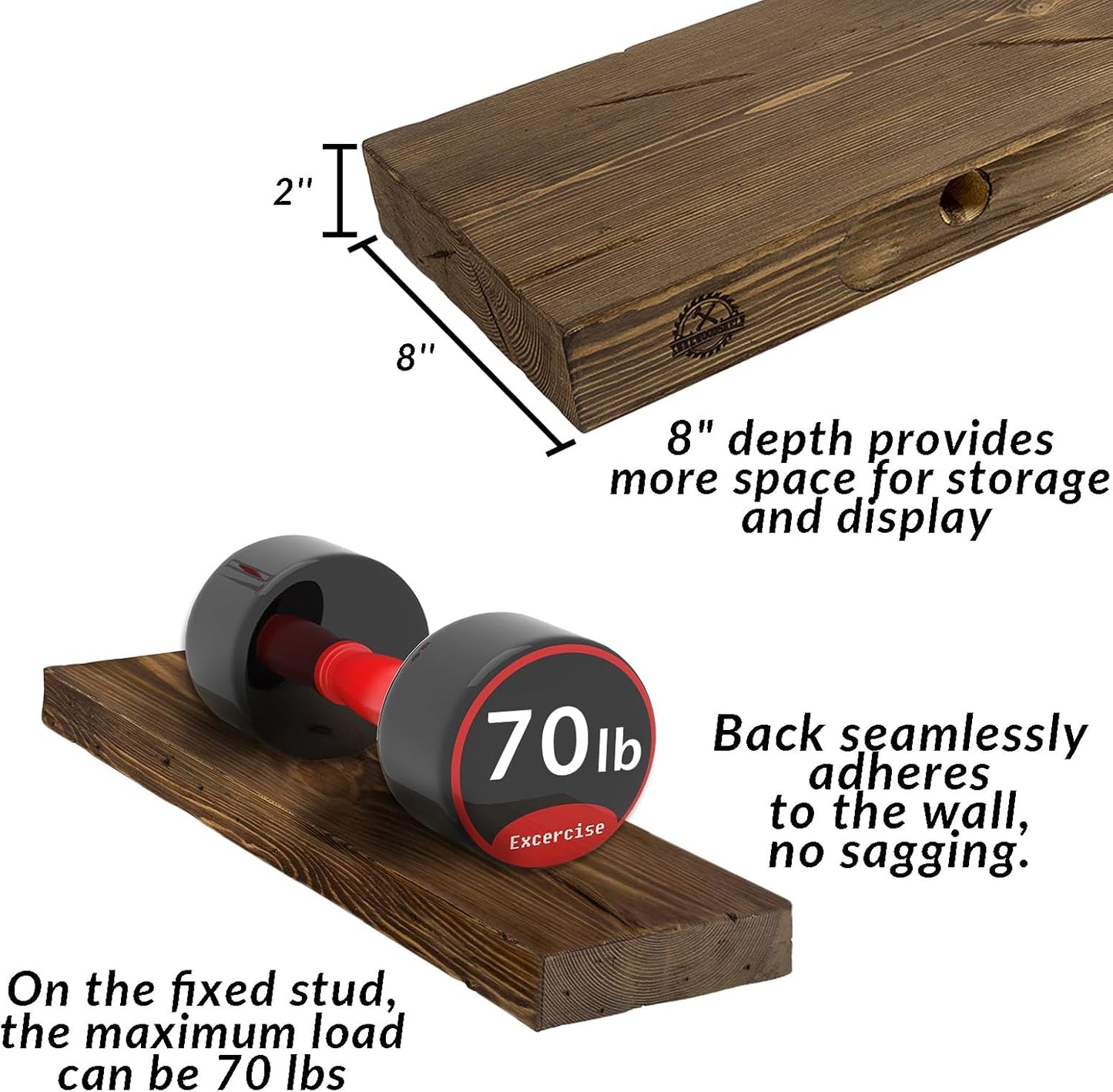 Distressed Floating Shelves 24 inch Long Set of 2,8 inch deep Solid Wood Wall Mounted Shelves for Living Room Kitchen,Book Shelf for Wall with Hidden Bracket- Distressed Black Walnut
