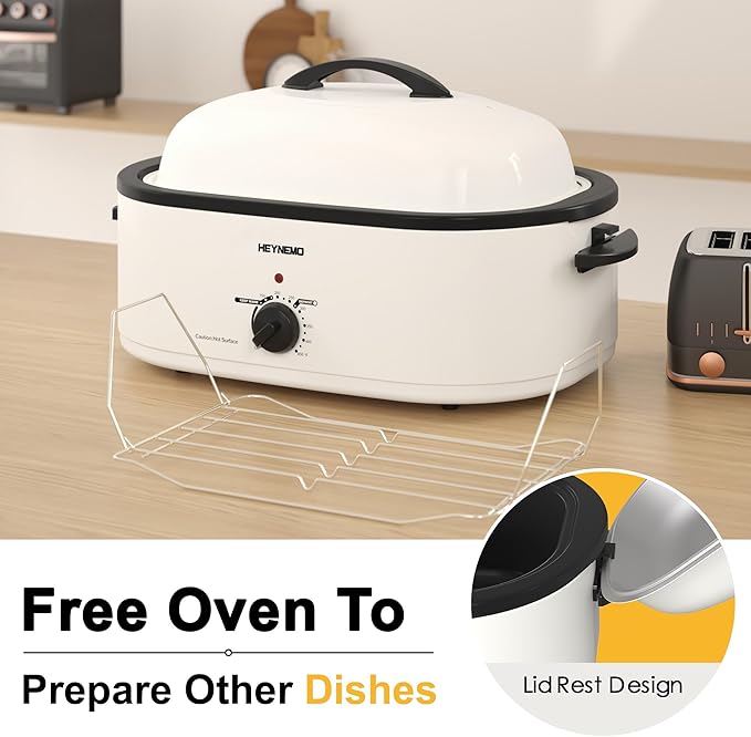 20 Quart Electric Roaster Oven with Self-basting Lid, Turkey Roaster Oven with Removable Pan and Rack, White
