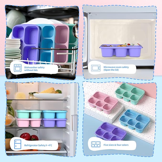 Bento Box Adult Lunch Box - 4 Pack, 5 - Compartment Meal Prep Container for Kids, Reusable Food Storage Snack Containers - Stackable for School, Work, and Travel (PP(Blue/Pink/Green/Purple))