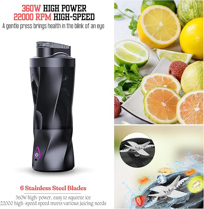 Portable Juicer Blender, USB Rechargeable Smoothie Maker with 6 Upgraded Blades and 6000mAh Battery, 700ml/24oz Capacity, Ideal for Smoothies, Protein Shakes, Travel and Office (Black)