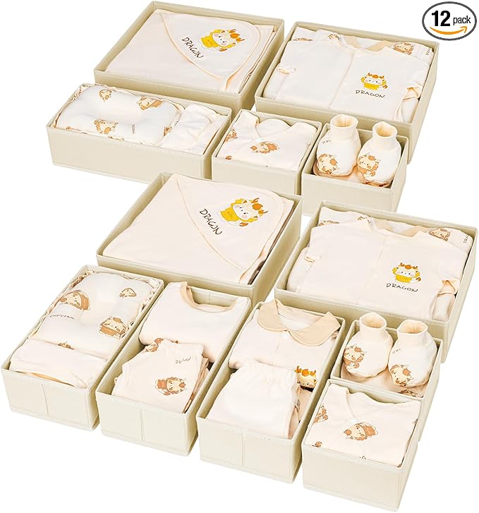 DIMJ Drawer Organizer Clothes 12 Pack - Foldable Baby Organizers and Storage & Dresser Organizer for Bedroom, Closet - Nursery Organization Dresser Dividers for underwear, Sock,Bra, Belt, Tie, Beige