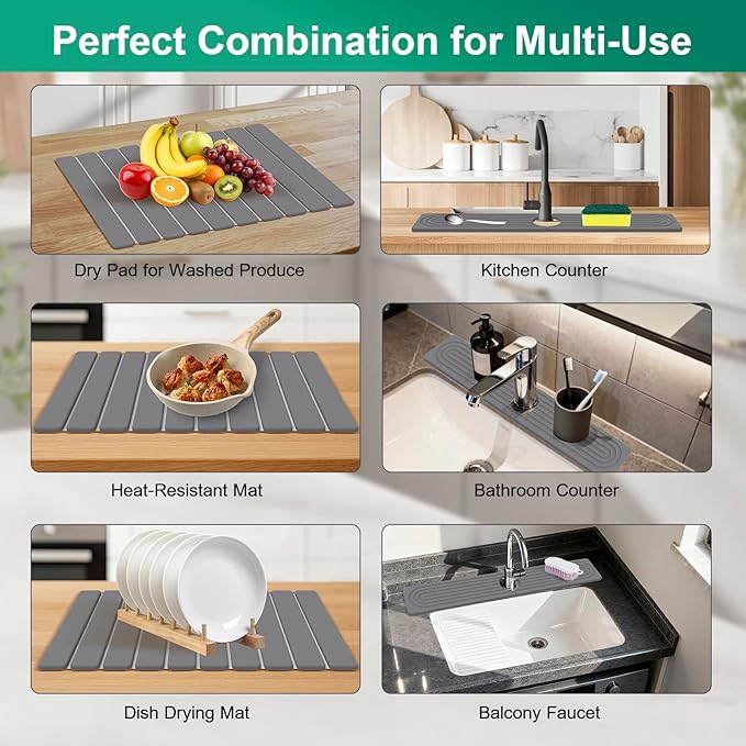 Stone Drying Mat for Kitchen Counter, 24"x16" Water Absorbing Dish Drying Mat with 24"x4" Faucet Mat for Kitchen Sink, Diatomaceous Earth Quick Dry Stone Mats for Dishes Bottles Cups (Dark Gray)