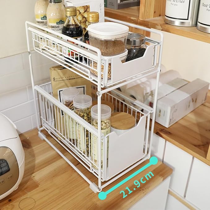 Takywep 2-Tier Pull Out Cabinet Organizer, Heavy Duty Slide Out Pantry Shelves Drawer Storage with Adhesive Film, No-Drill Sliding Mesh Basket for Kitchen, Bathroom, Home
